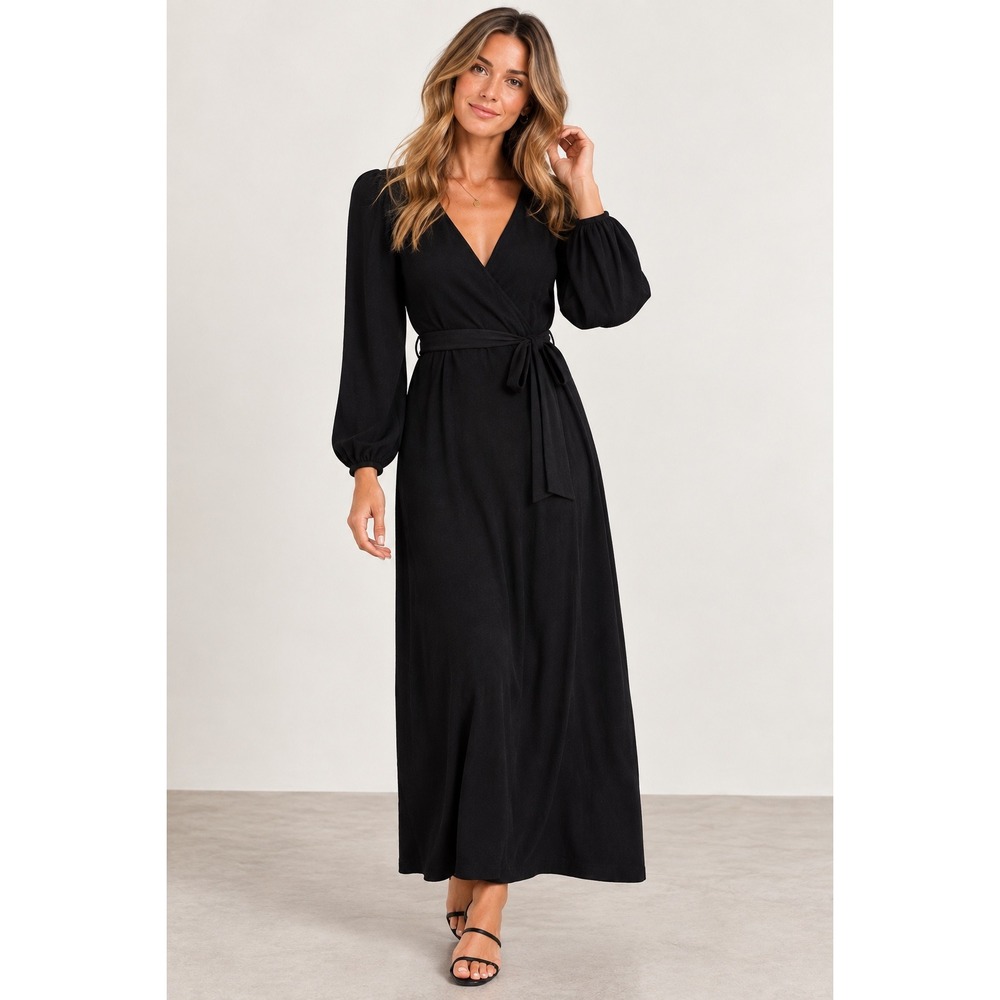 Flying Tomato Womens Black Knit Wrap Maxi Dress Balloon Sleeve SW5183 Large